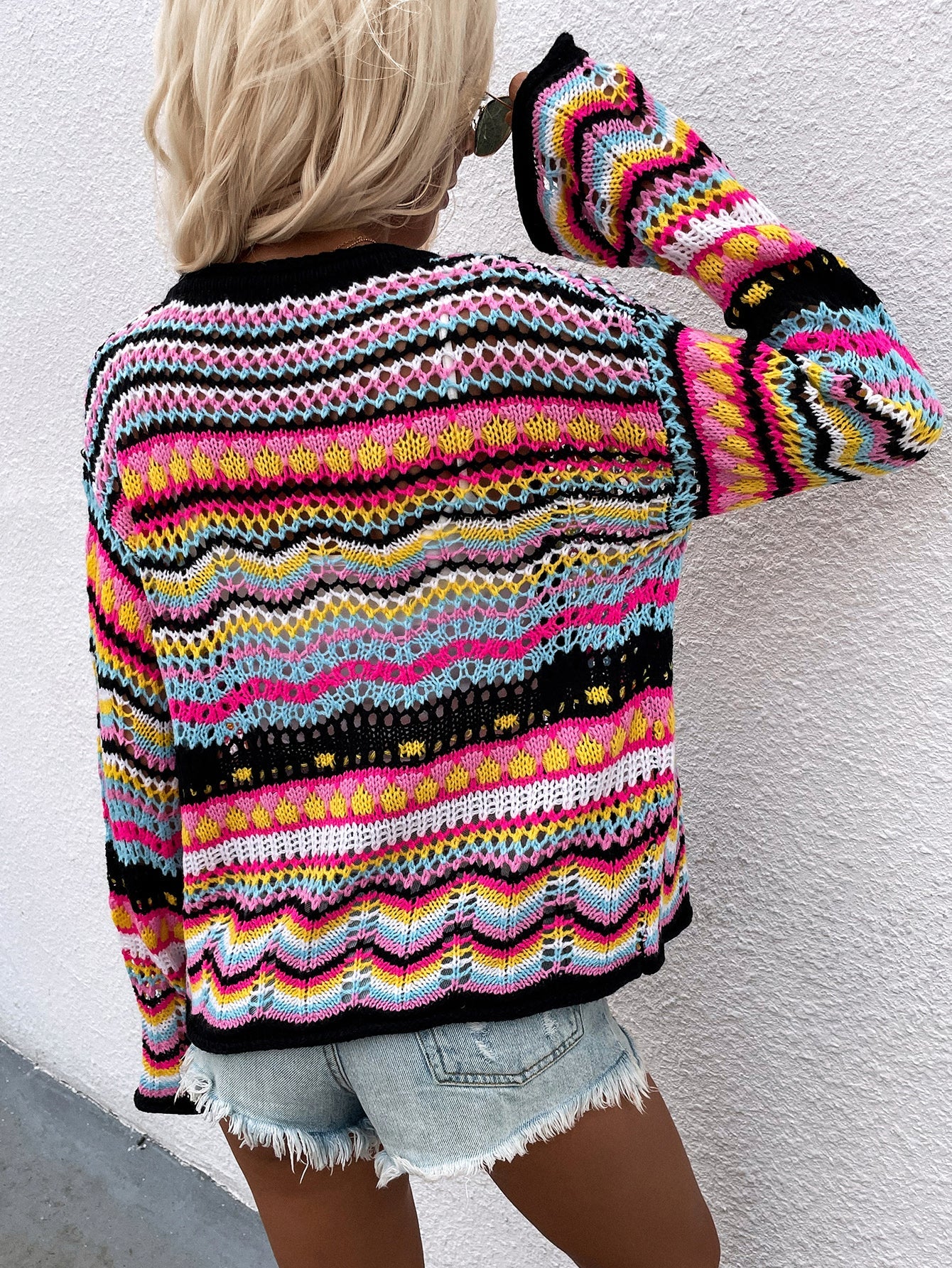 sweater women loose plus size rainbow knit sweater button cardigan