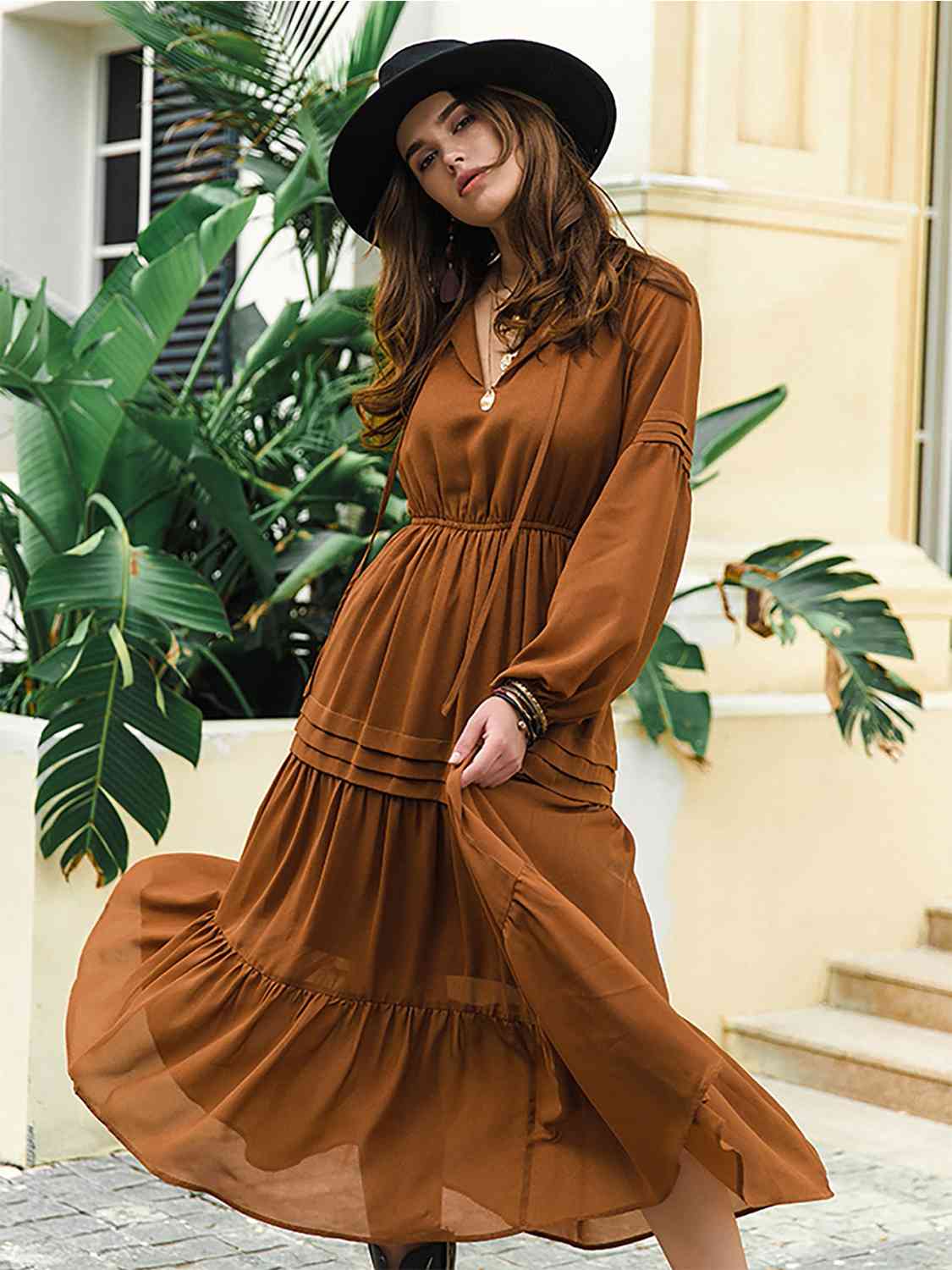 Tie Neck Long Sleeve Midi Tiered Dress