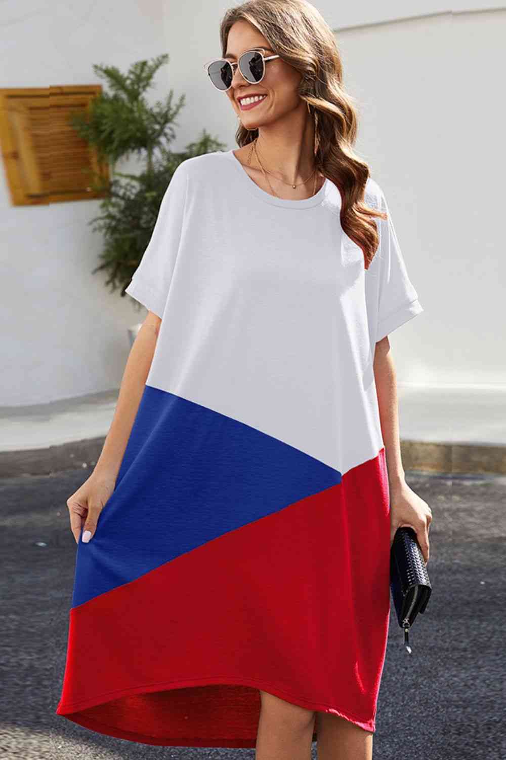 Color Block Round Neck Short Sleeve Dress