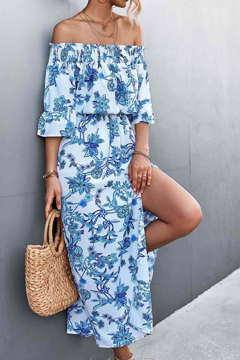 Floral Off-Shoulder Front Split Dress