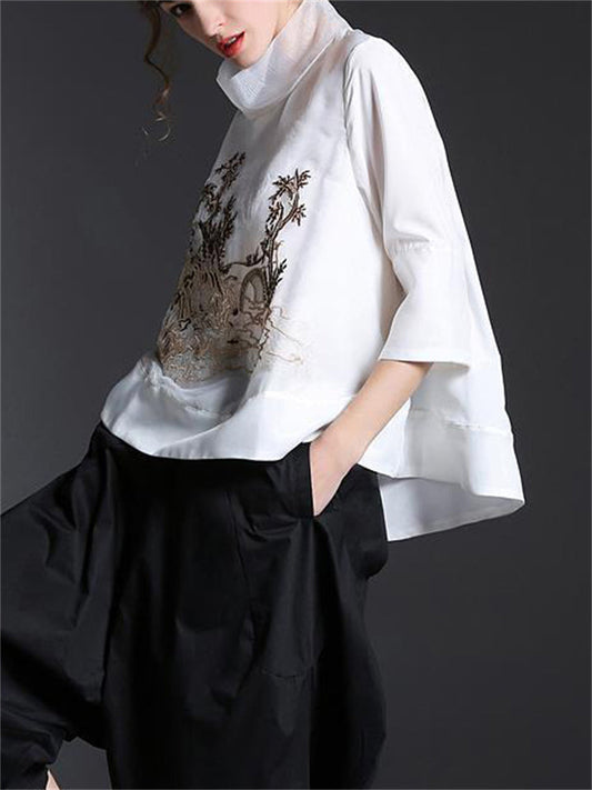 Stand Collar Loose Embroidery Chiffon Shirts