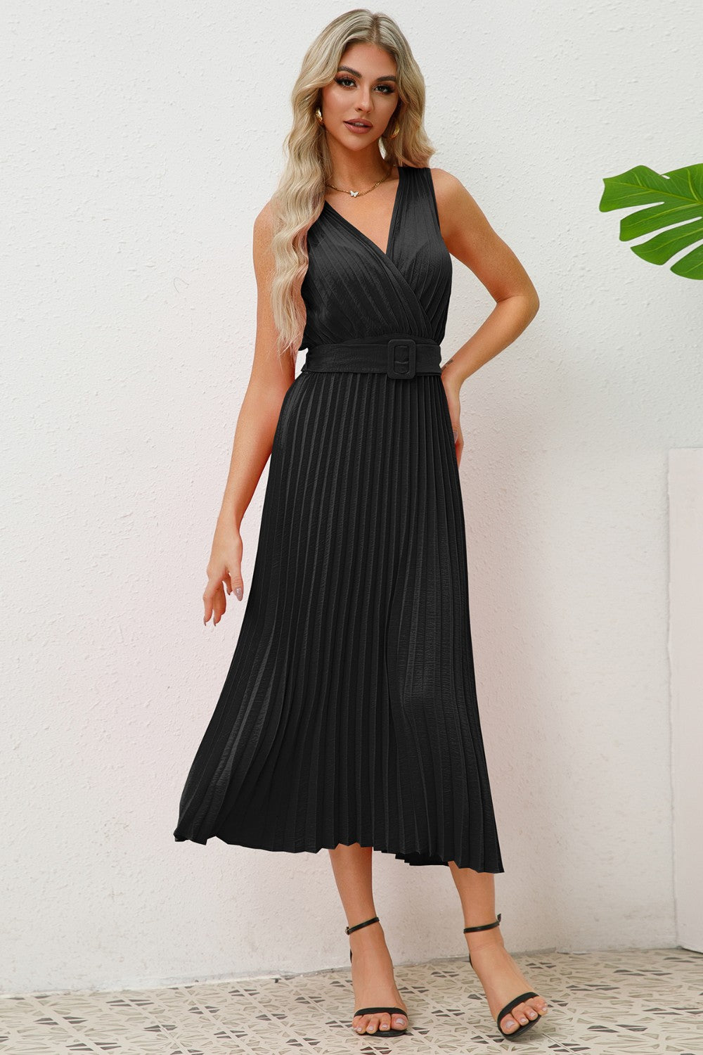 Ivyshape | Surplice Sleeveless Midi Pleated Dress