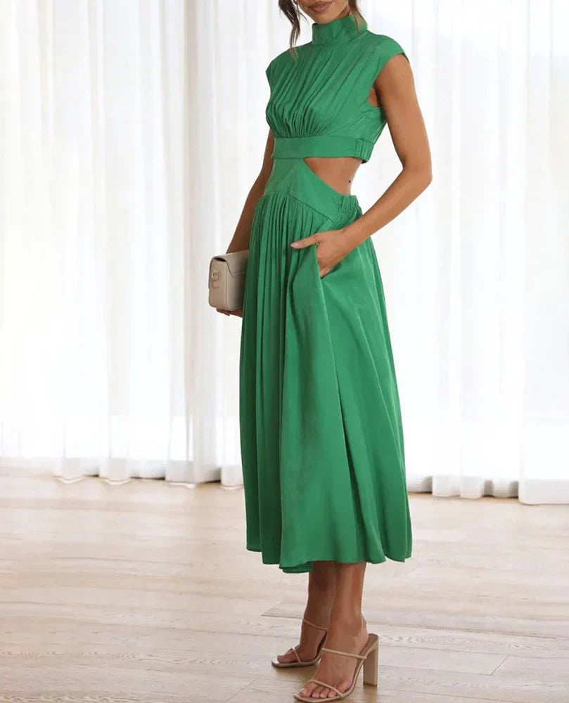 Stand Collar Solid Color Sexy Waist Midi Dress