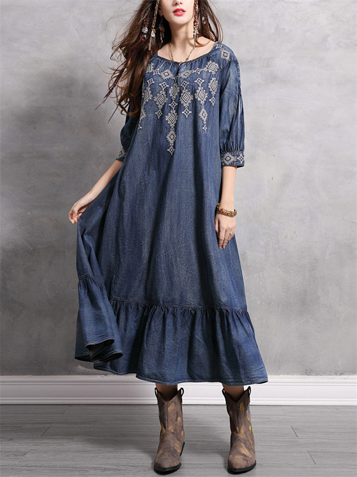 Diamond Embroidery Half Sleeve Ruffle Blue Denim Dress