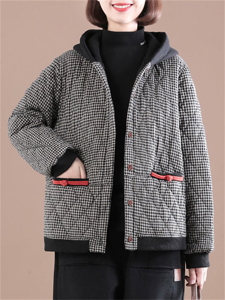 Women's Winter Vintage Plaid Short Hooded Cotton Coat