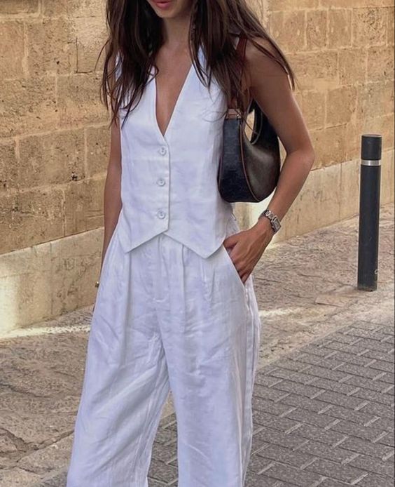 Wide Leg Pants V-Neck Vest Suit