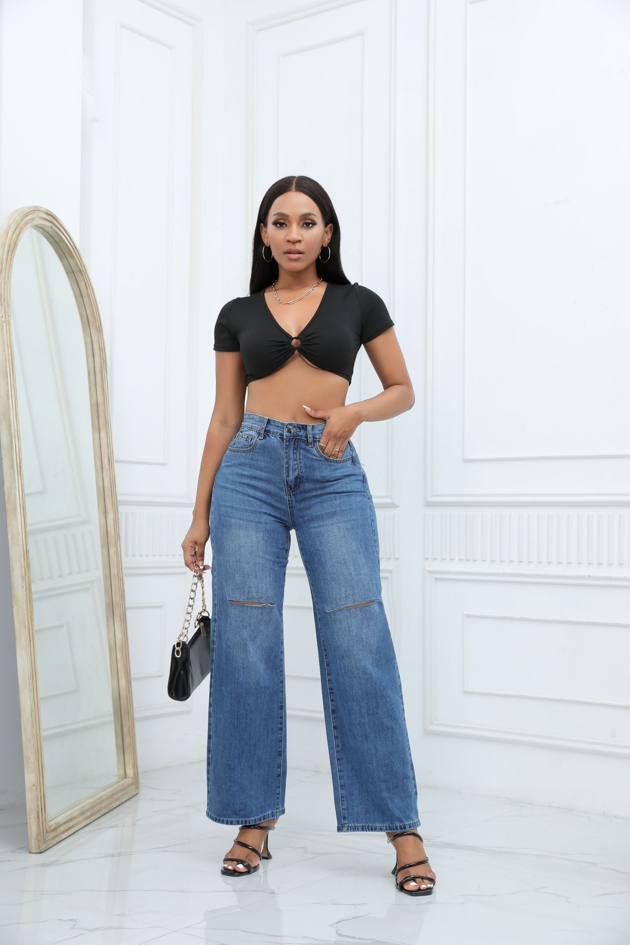 Ivyshape | Women'sRipped Wide-Leg Jeans