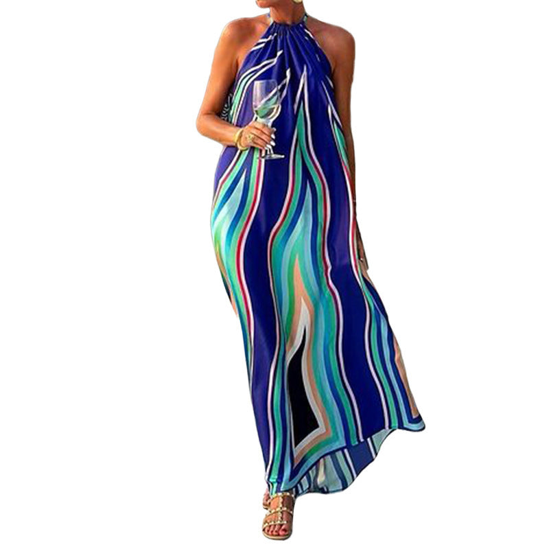 Ivyshape | Mid-Length Beach Dress with Fashionable Printed Halter Neck