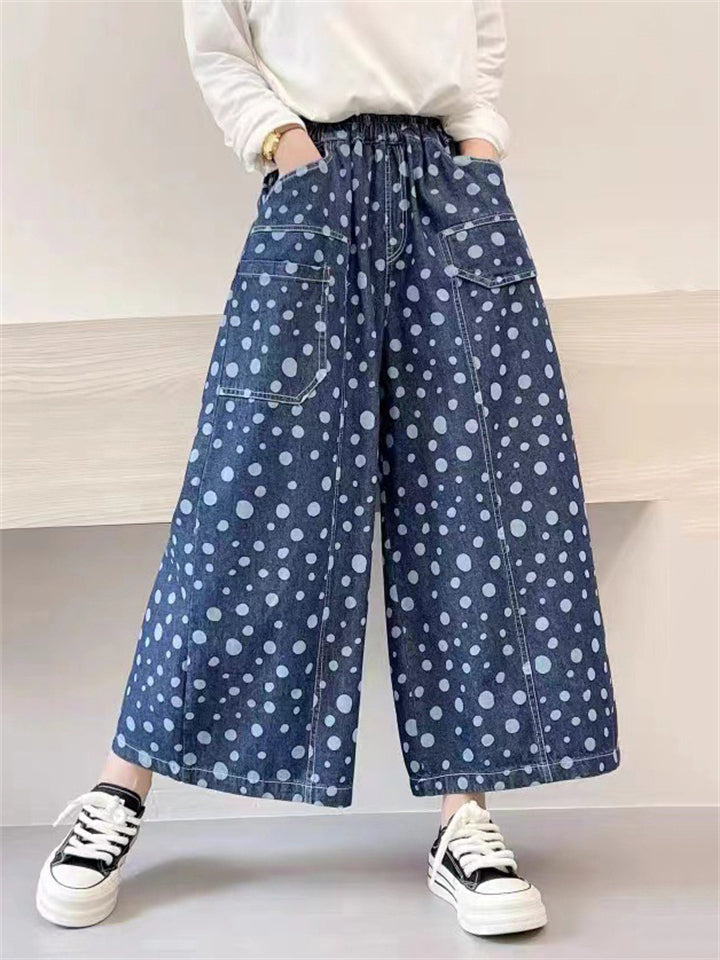 Retro Polka Dot Print Blue Wide Leg Pants for Women