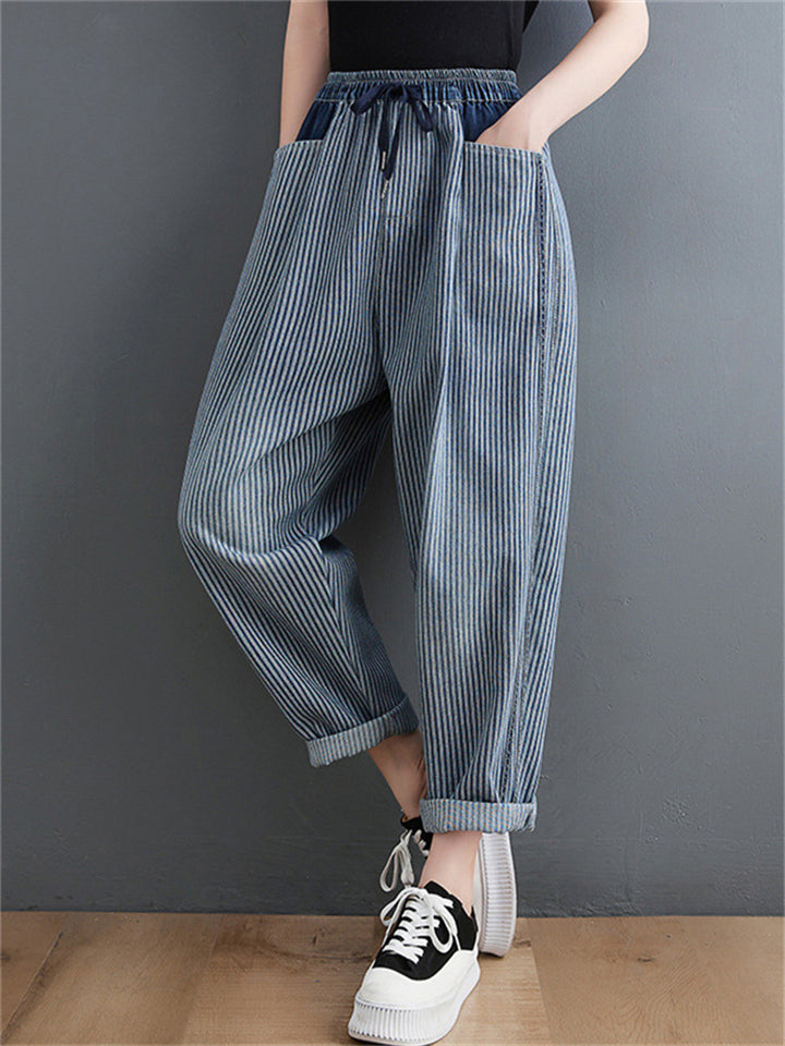 Spring Summer Women's Vertical Striped Drawstring Jeans