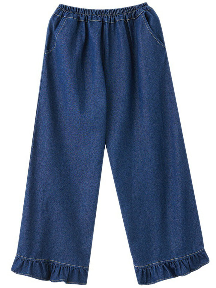 Ruffled Leg Cuff Blue Straight Leg Jeans