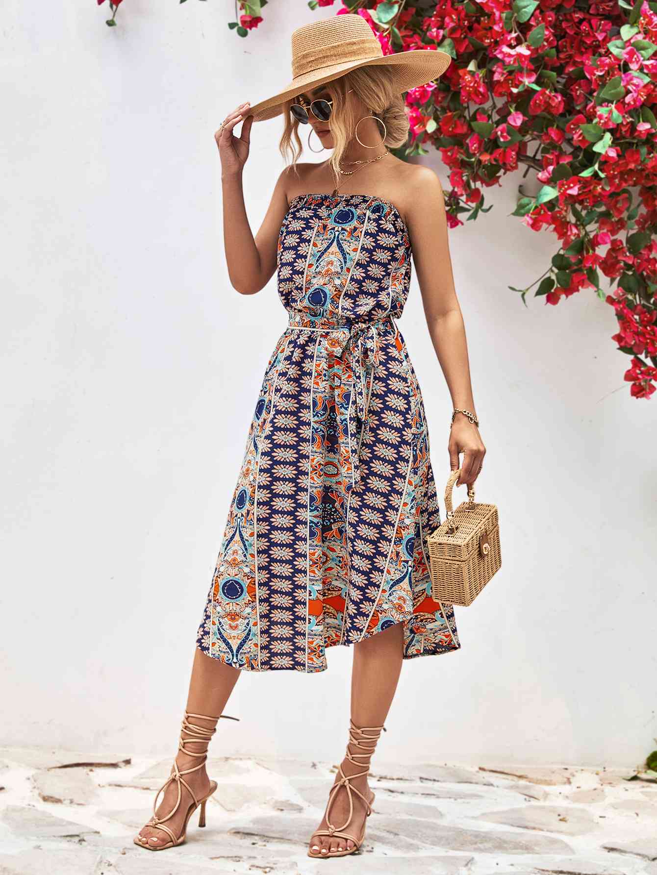 Printed Strapless Tie Belt Dress