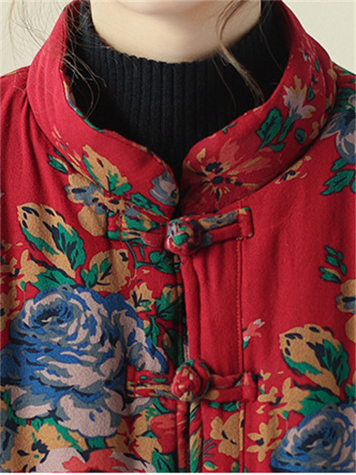 Country Style Stand Collar Rose Print Red Cotton Coat