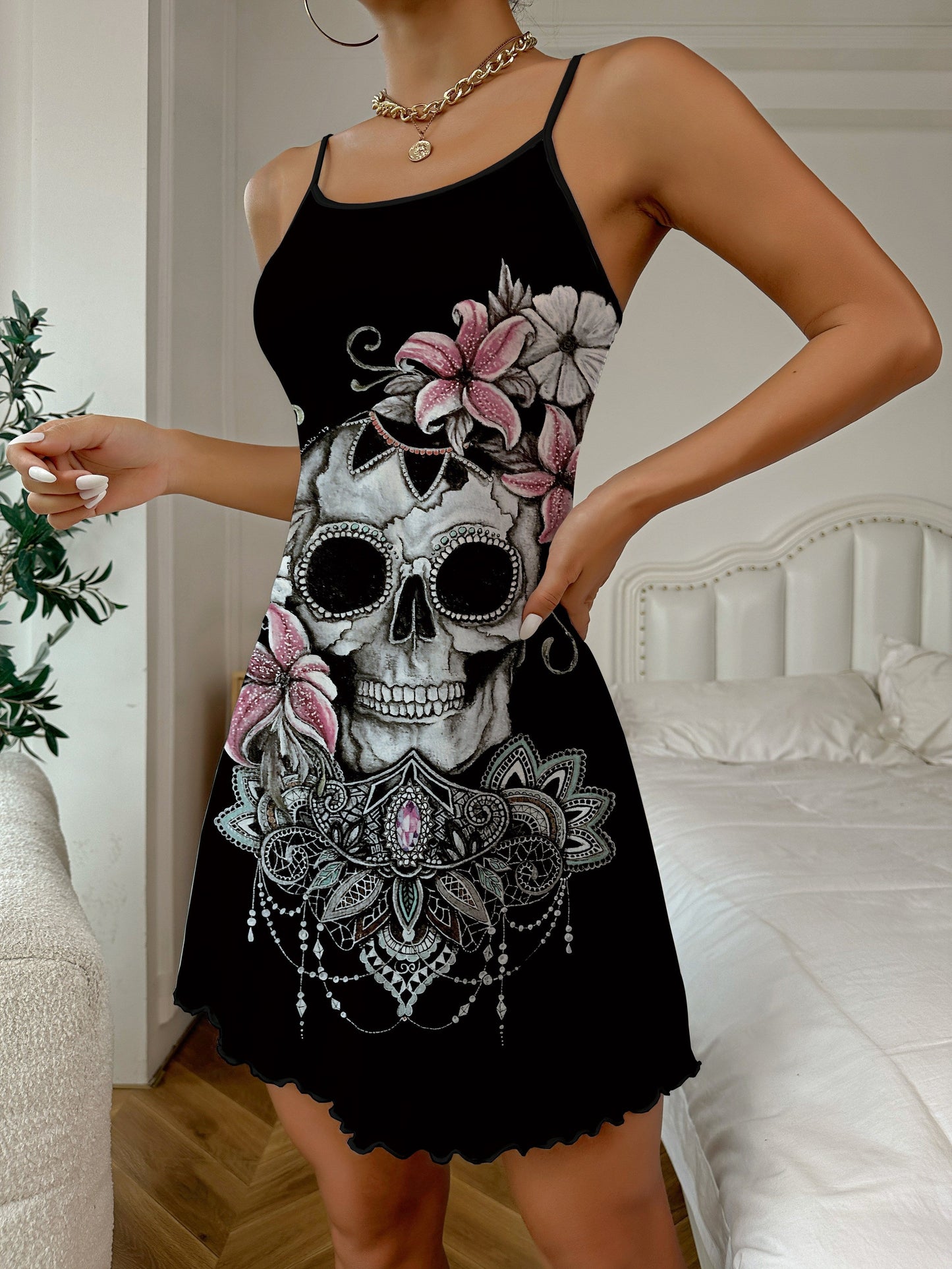 Chic Floral Skull Print Backless Lounge Dress