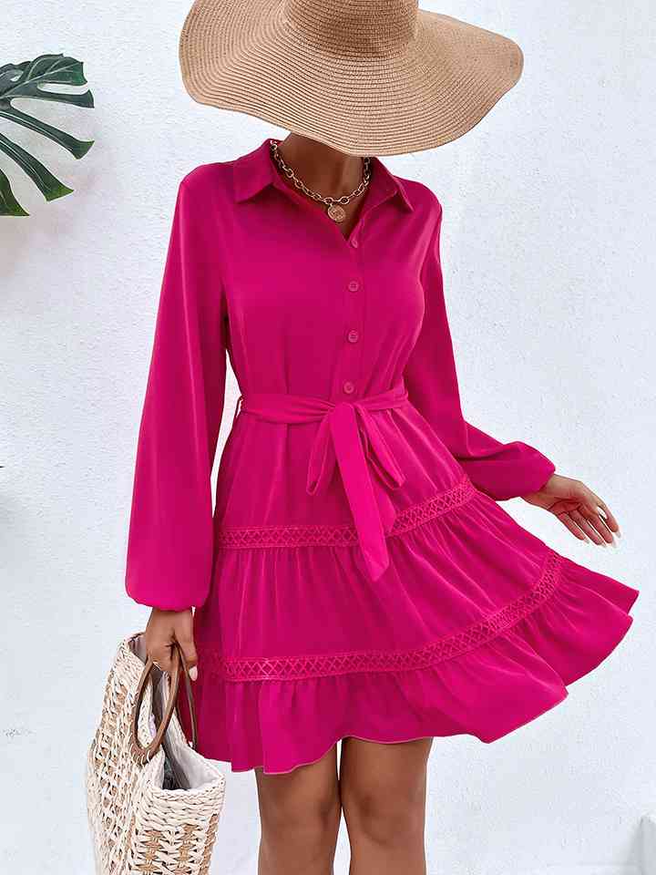 Collared Neck Tie Waist Buttoned Dress