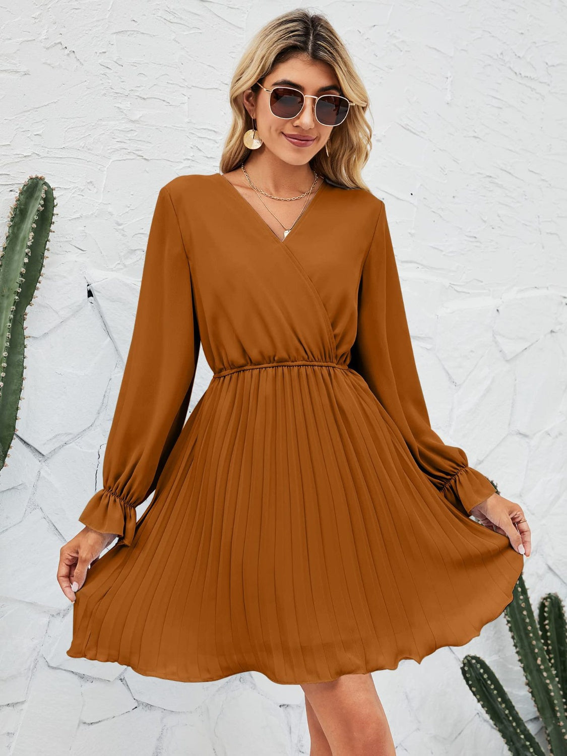 Ivyshape | Surplice Flounce Sleeve Pleated Mini Dress