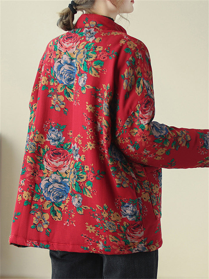 Country Style Stand Collar Rose Print Red Cotton Coat