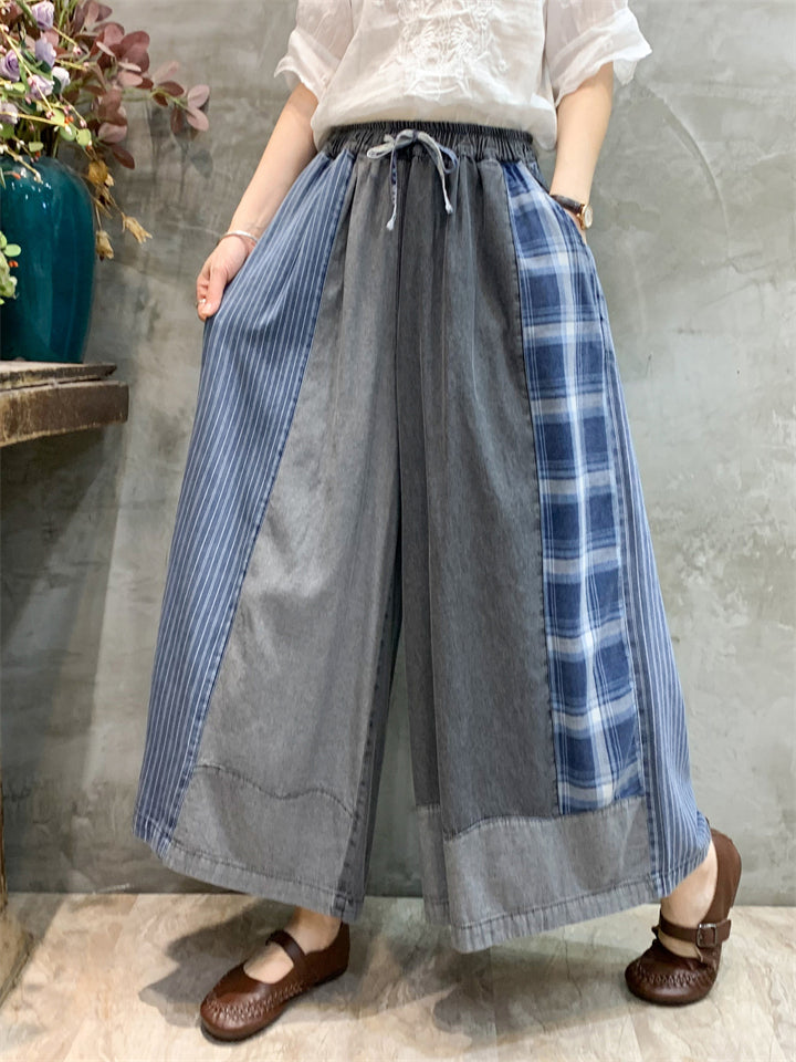 Stylish Plaid Patchwork Drawstring Wide-Leg Jeans