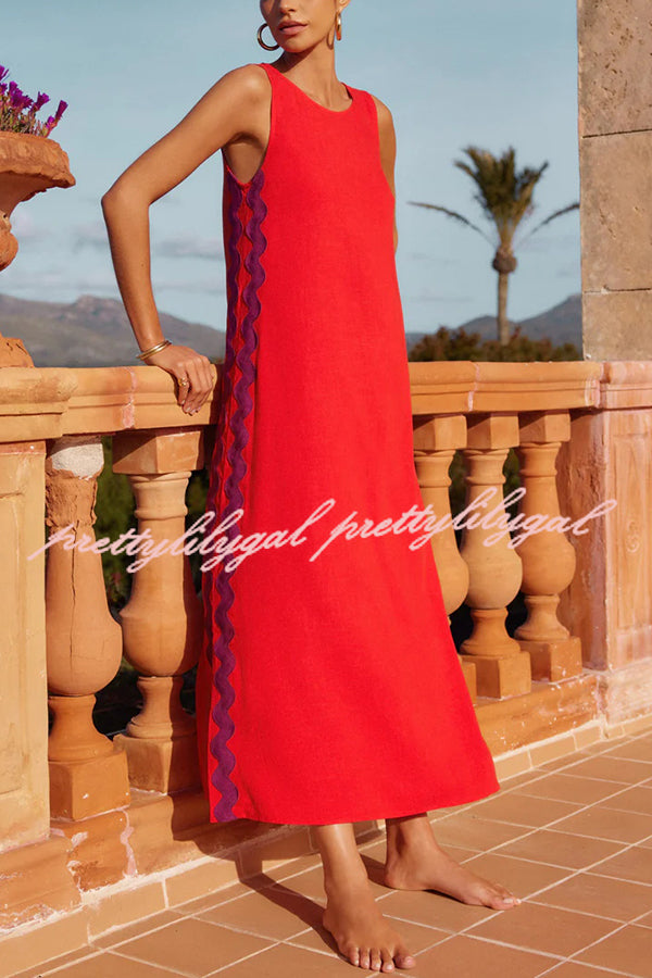 Vacation Villa Side Ric Rac Wave Trim Slit Loose Maxi Dress