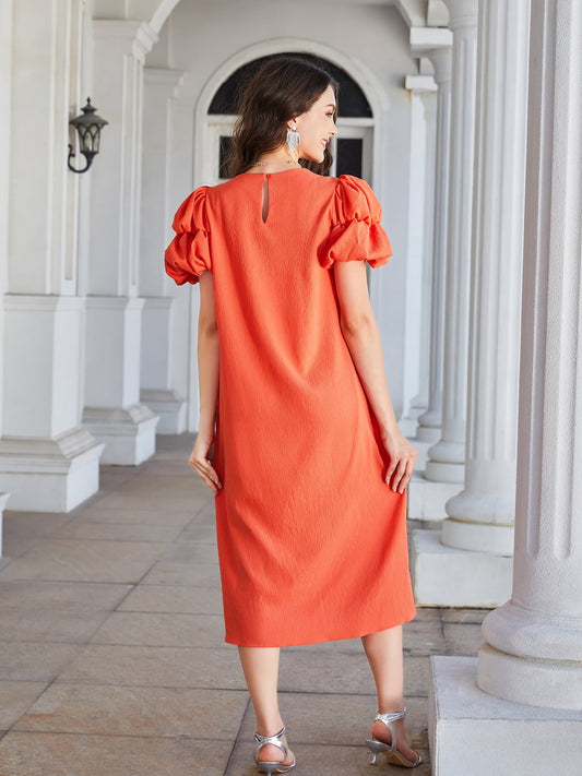 Ivyshape | Round Neck Bubble Sleeve Straight Hem Midi Dress