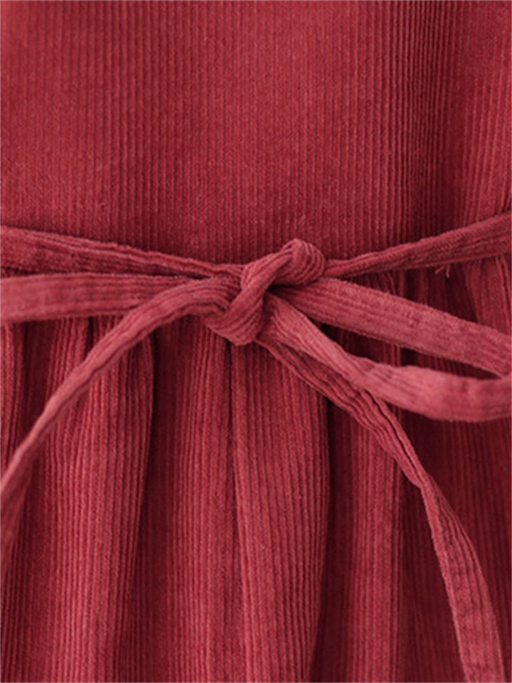 Retro Daisy Embroidery Mid-Length Corduroy Dress