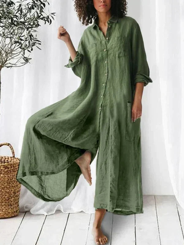 Color Long-Sleeved Loose Wide-Leg Jumpsuit