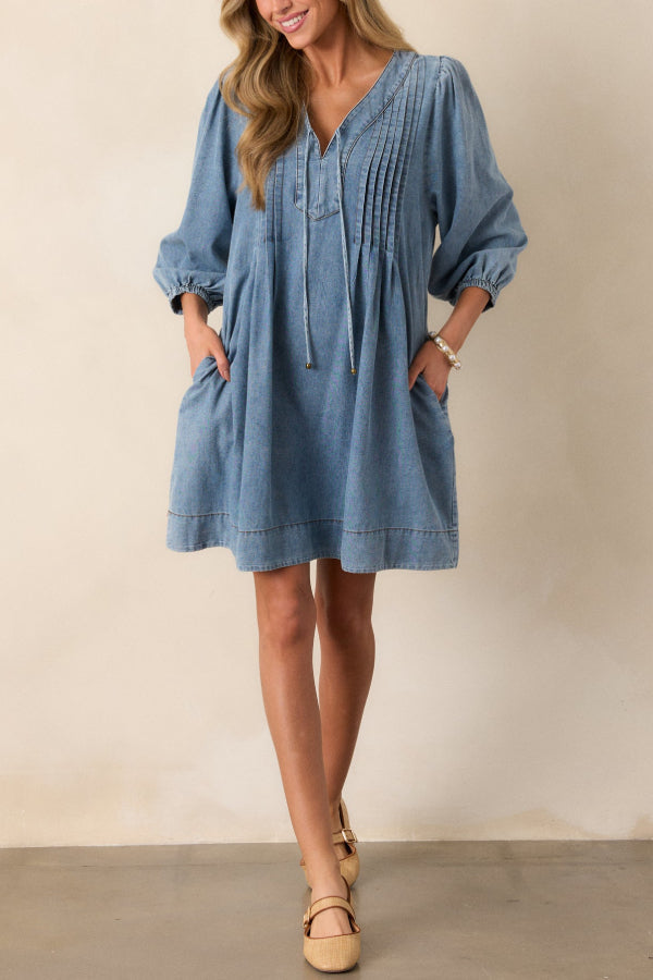 Ivyshape | Would Have It Denim Playful Pleats Pocket A-Line Mini Dress