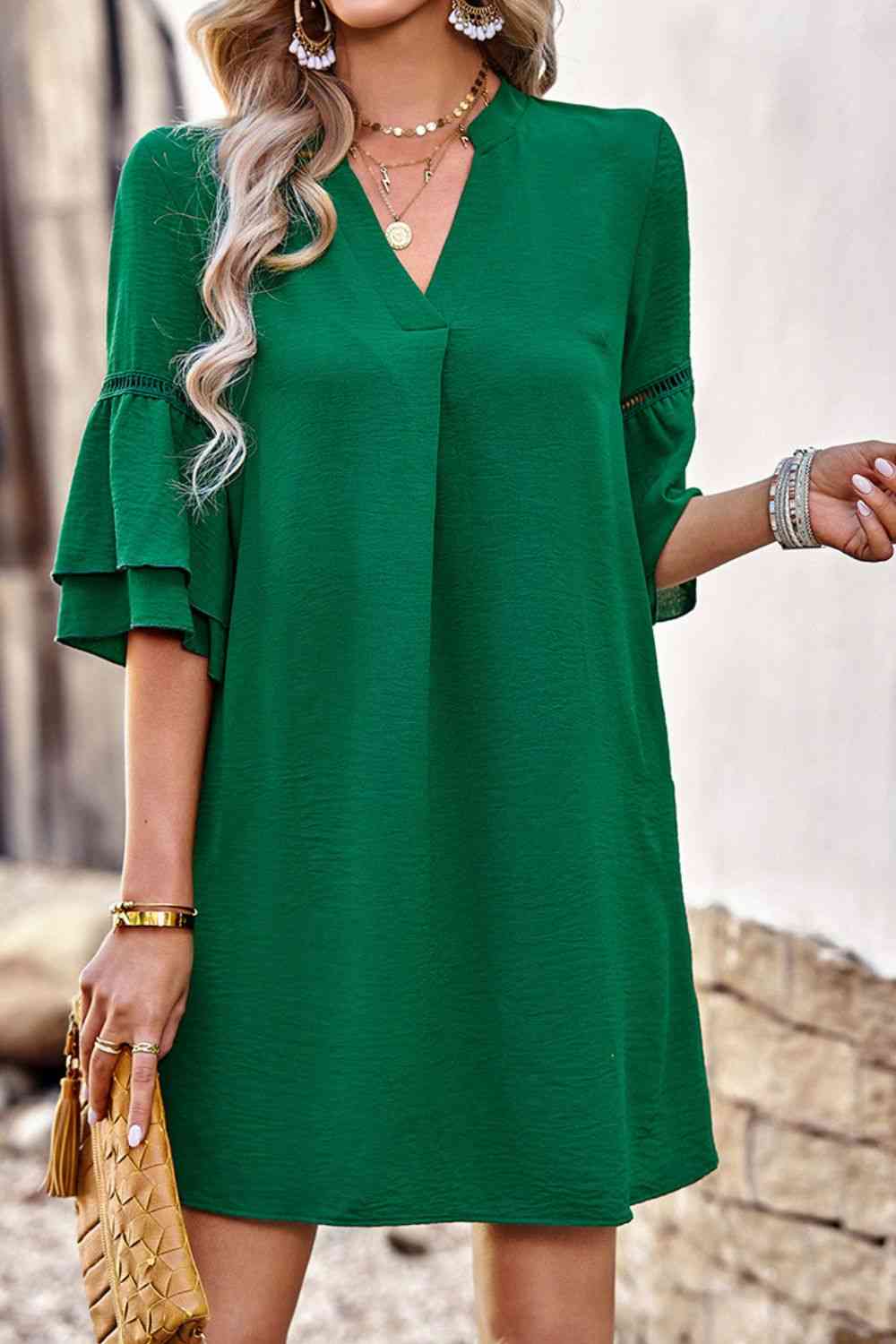 Notched Neck Flare Sleeve Pocket Dress