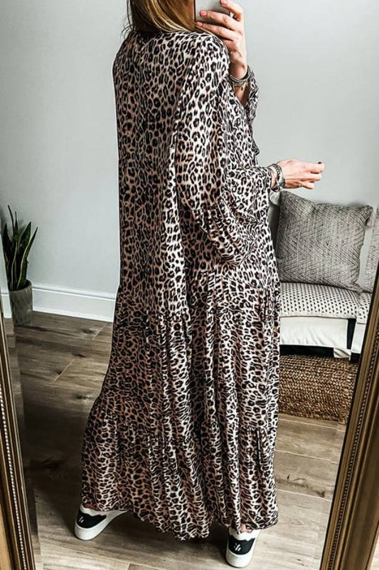 Ivyshape | Leopard Print Tiered Wide Sleeve Maxi Dress