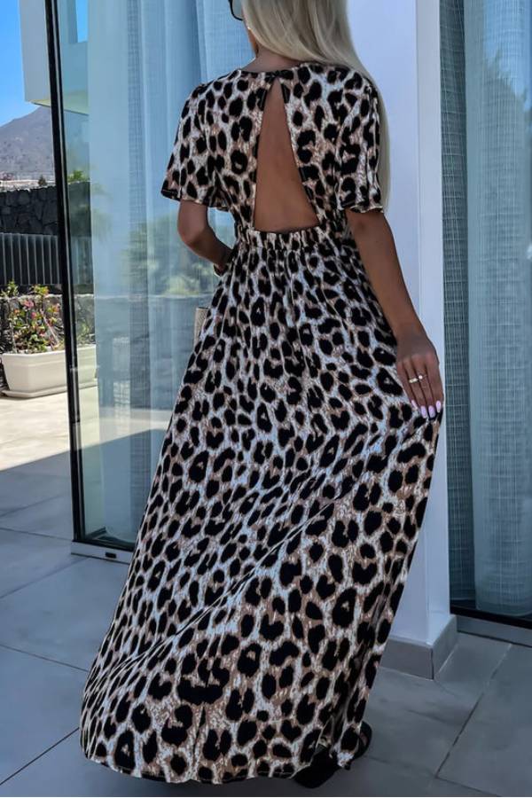 Ivyshape | Leopard V-Neck Cinched High Waist Open Back Maxi Dress