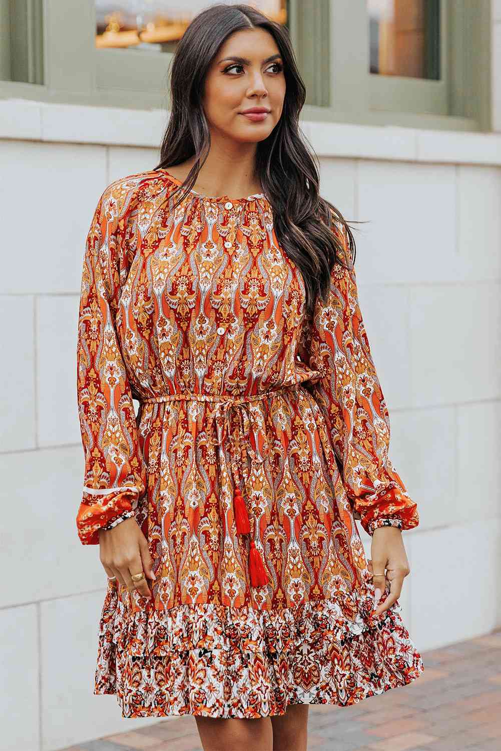 Printed Balloon Sleeve Tassel Tie Dress