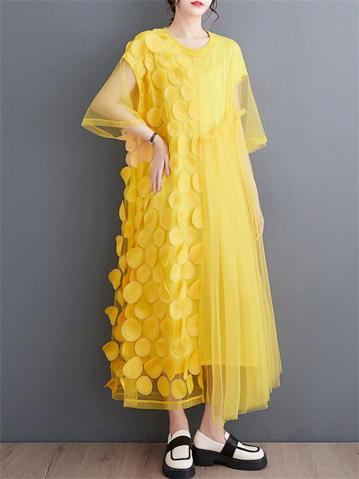 Female Polka Dot Mesh Splicing Irregular Mid-Length Dress