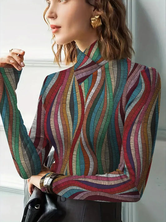 Ivyshape | Multicolored High Neck Long Sleeve Top