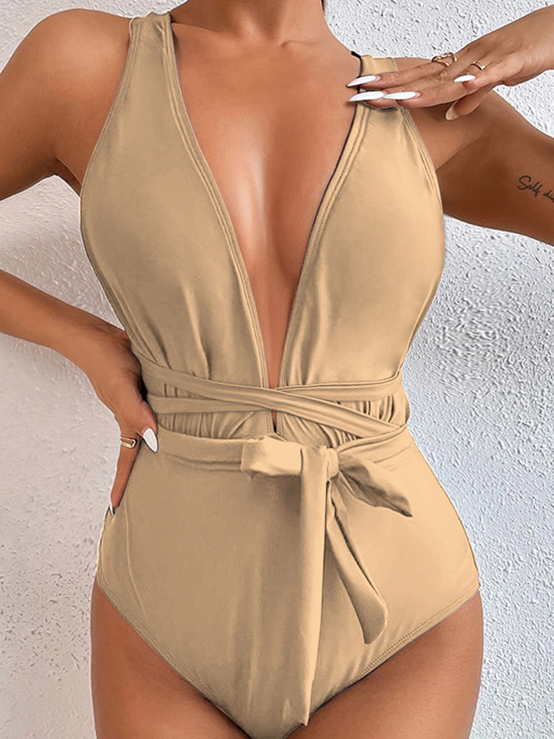 Ivyshape | Tied Crisscross Wide Strap One-Piece Swimwear