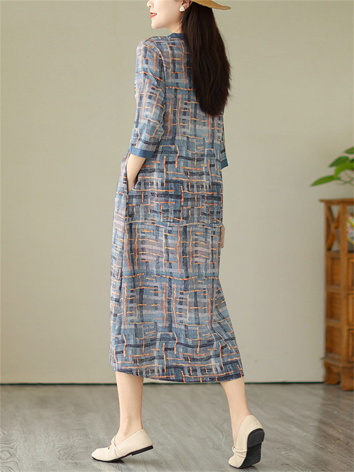 Female Mid-Length 3/4 Sleeve V-Neck Print Dresses