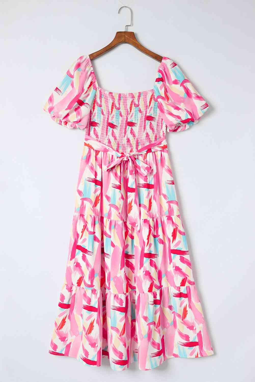 Printed Square Neck Tied Smocked Dress