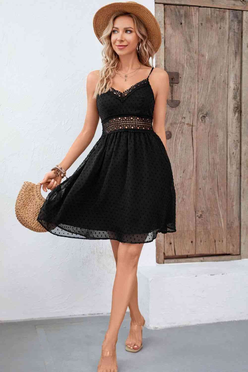 Swiss Dot Spaghetti Strap Spliced Lace Dress