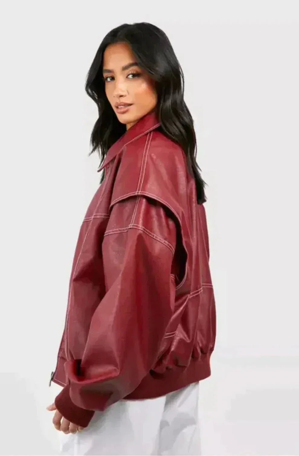 Ivyshape | Oversized Faux Leather Jacket