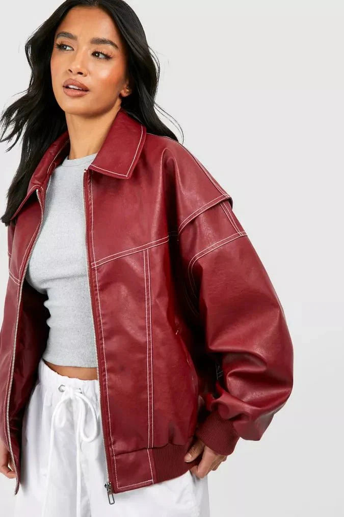 Ivyshape | Oversized Faux Leather Jacket