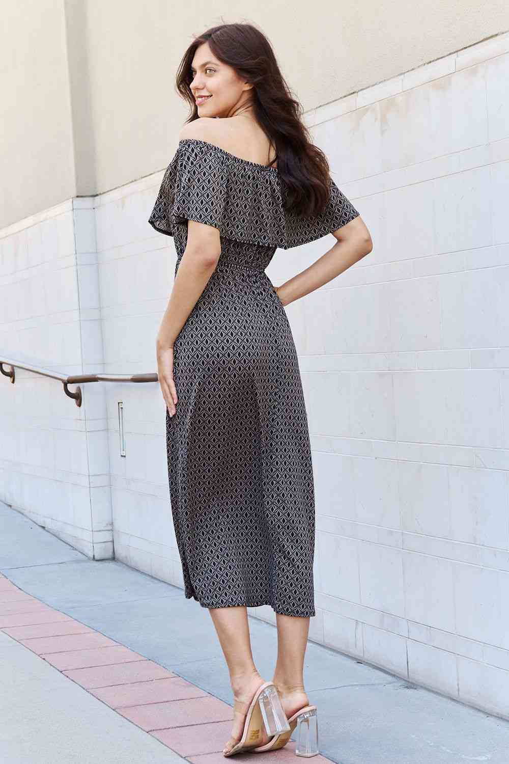 e.Luna My Best Angle Geometric Pattern Off The Shoulder Midi Dress in Black