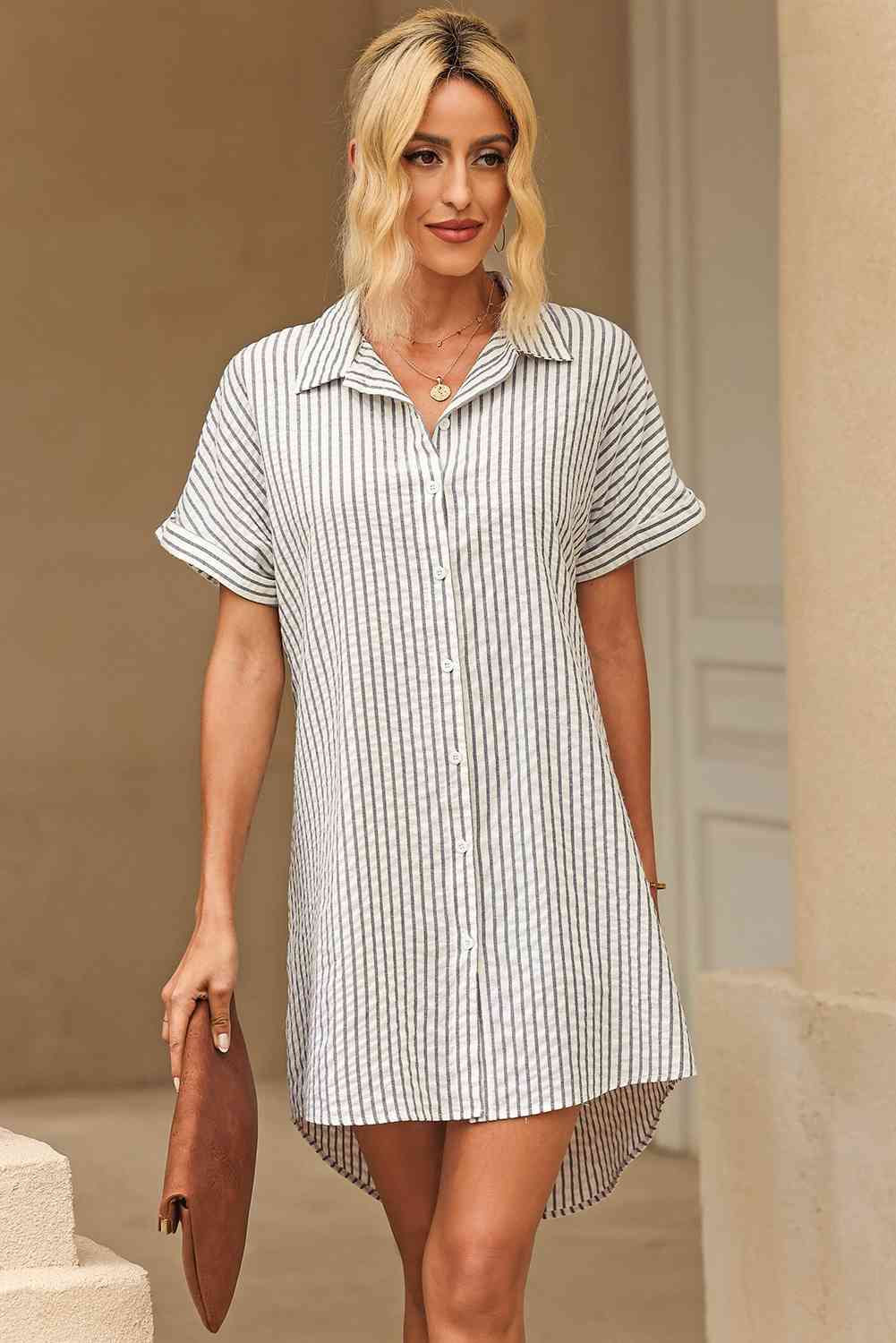 Full Size Striped Short Sleeve Shirt Dress