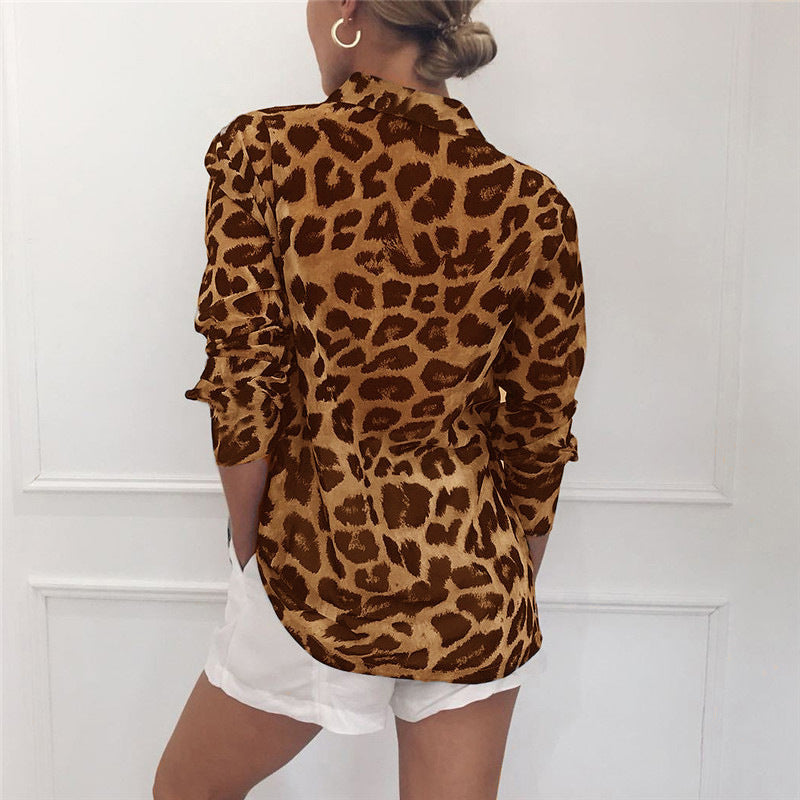 Ivyshape | Stylish Long Sleeve Leopard Print Blouse with Lapel Collar