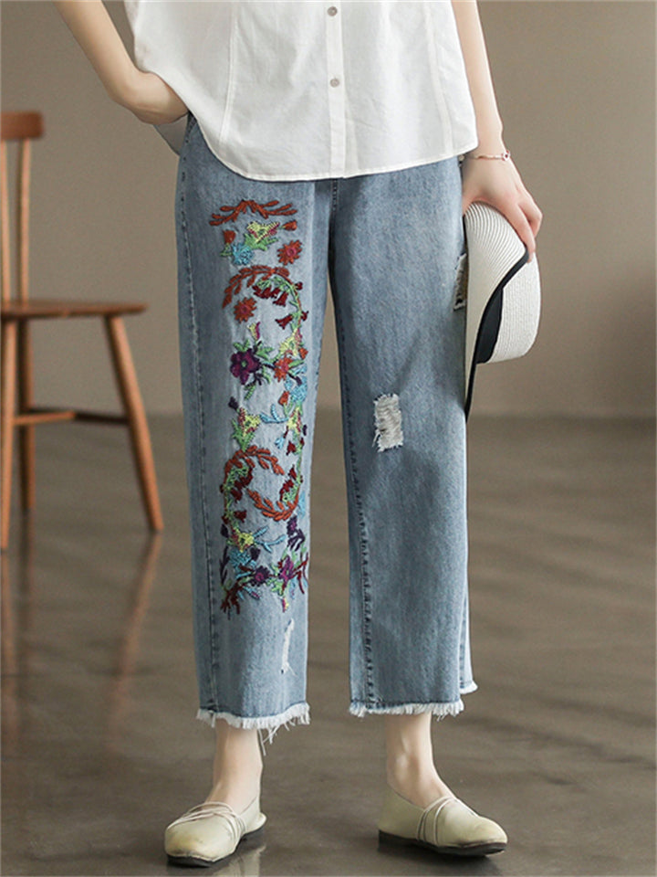 Cotton Delicate Embroidered Long Girls Jeans