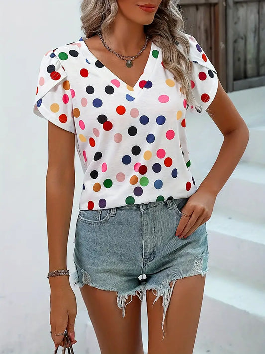 Ivyshape | Multicolored Polka Dot T-Shirt with V-Neck