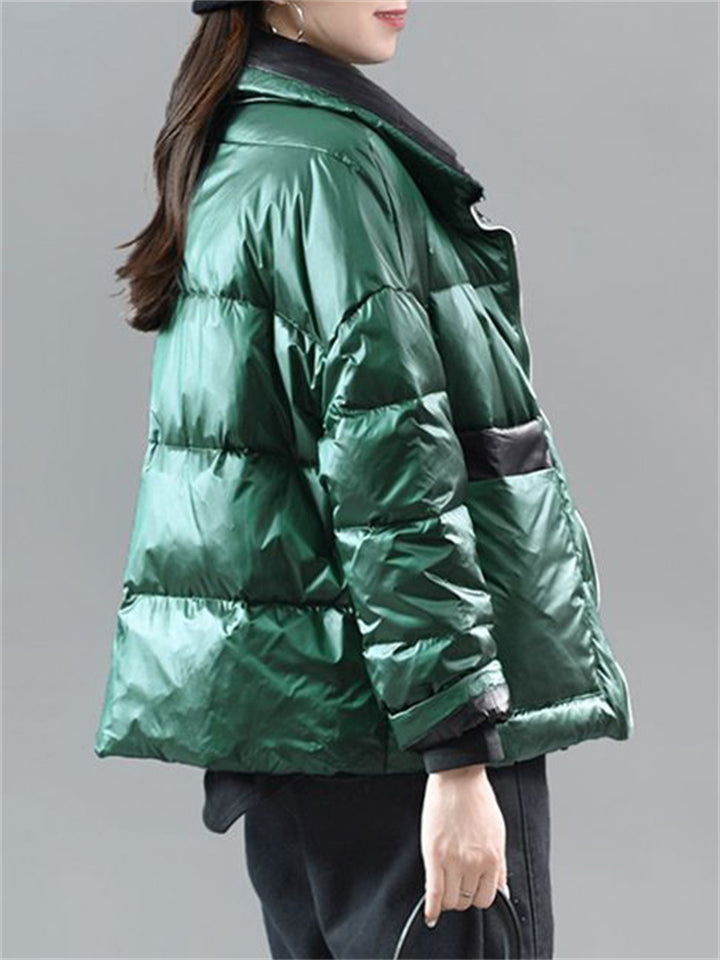 Trendy Stand Collar Contrast Color Puffy Down Coat