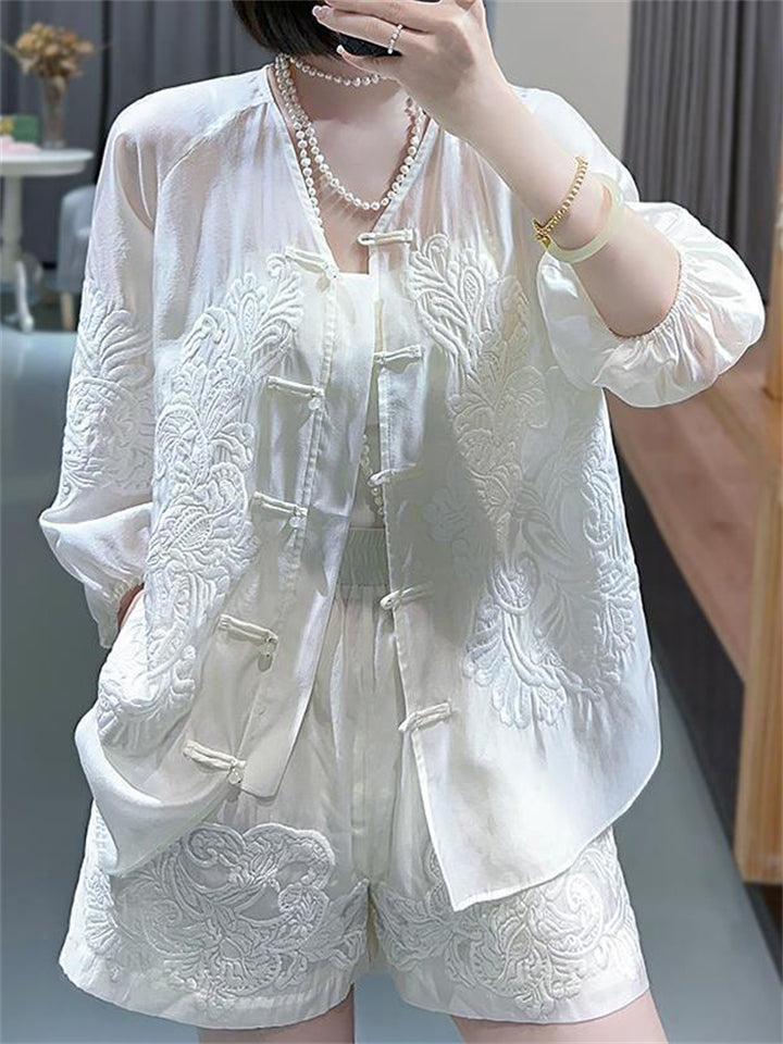 Women's Flower Embroidered Top + Shorts Chinese Style Tang Suit Set