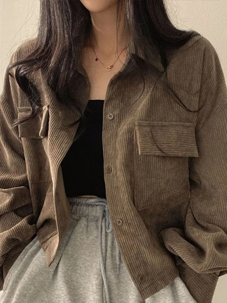 Ivyshape | Women's Corduroy Crop Top Jacket Trendy