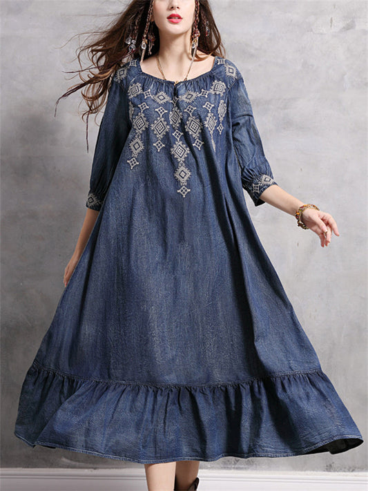 Diamond Embroidery Half Sleeve Ruffle Blue Denim Dress