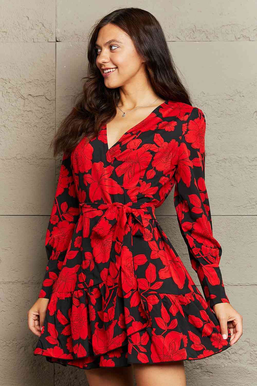 Floral Print Surplice Neck Tie Waist Dress