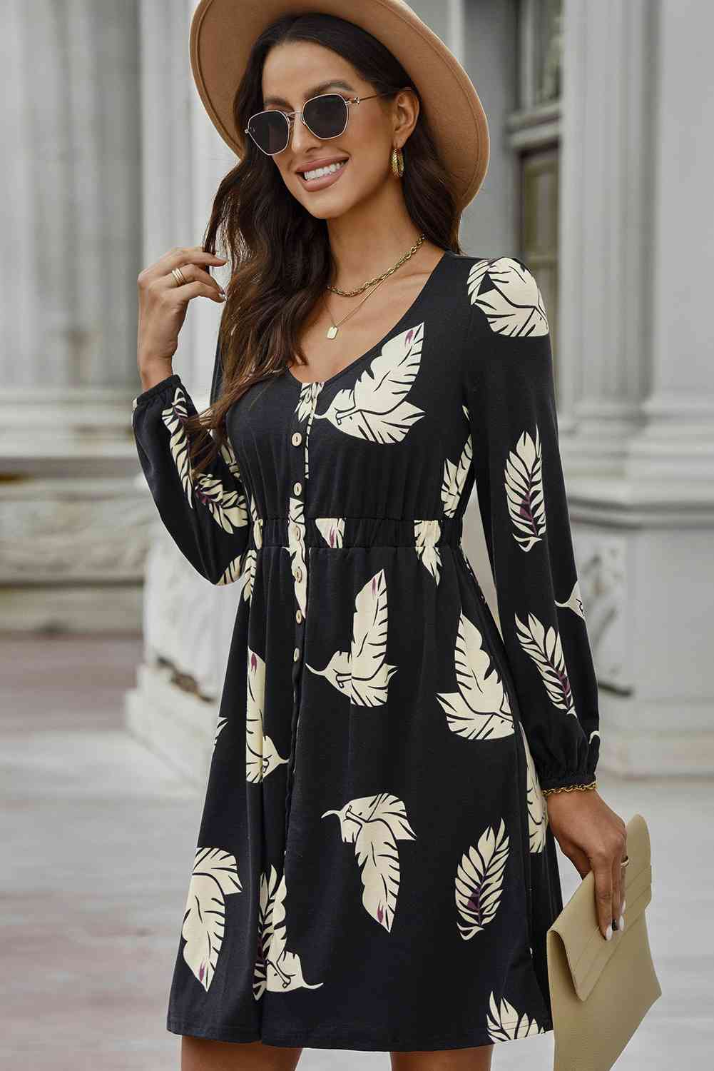 Printed Buttoned Long Sleeve Slit Dress